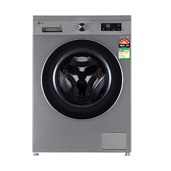 Front view of LG 9 Kg Front Load Washing Machine with AI Direct Drive™, Steam Wash, Platinum Silver, 5 Star FHB1209Z4P
