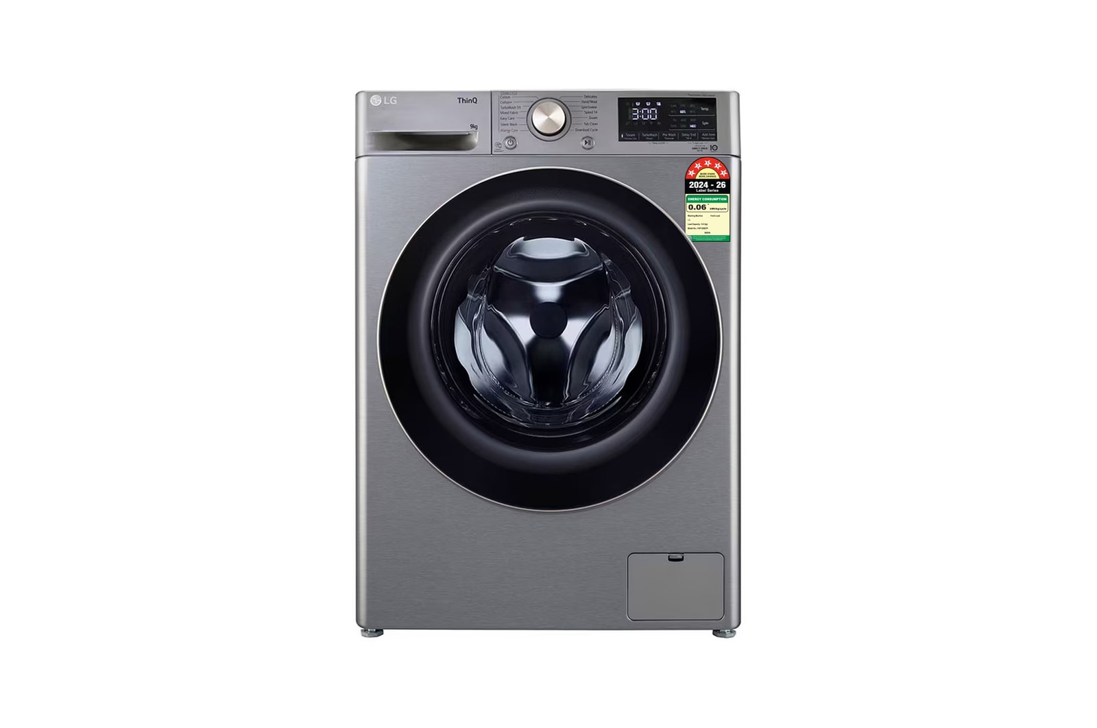 Front view of LG 9 Kg Front Load Washing Machine with AI Direct Drive™, Steam+, Platinum Silver, 5 Star FHP1209Z7P
