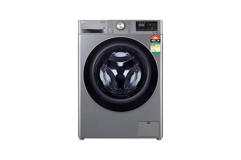 Front view of LG 9 Kg Front Load Washing Machine with AI Direct Drive™, Steam+, Platinum Silver, 5 Star FHP1209Z7P