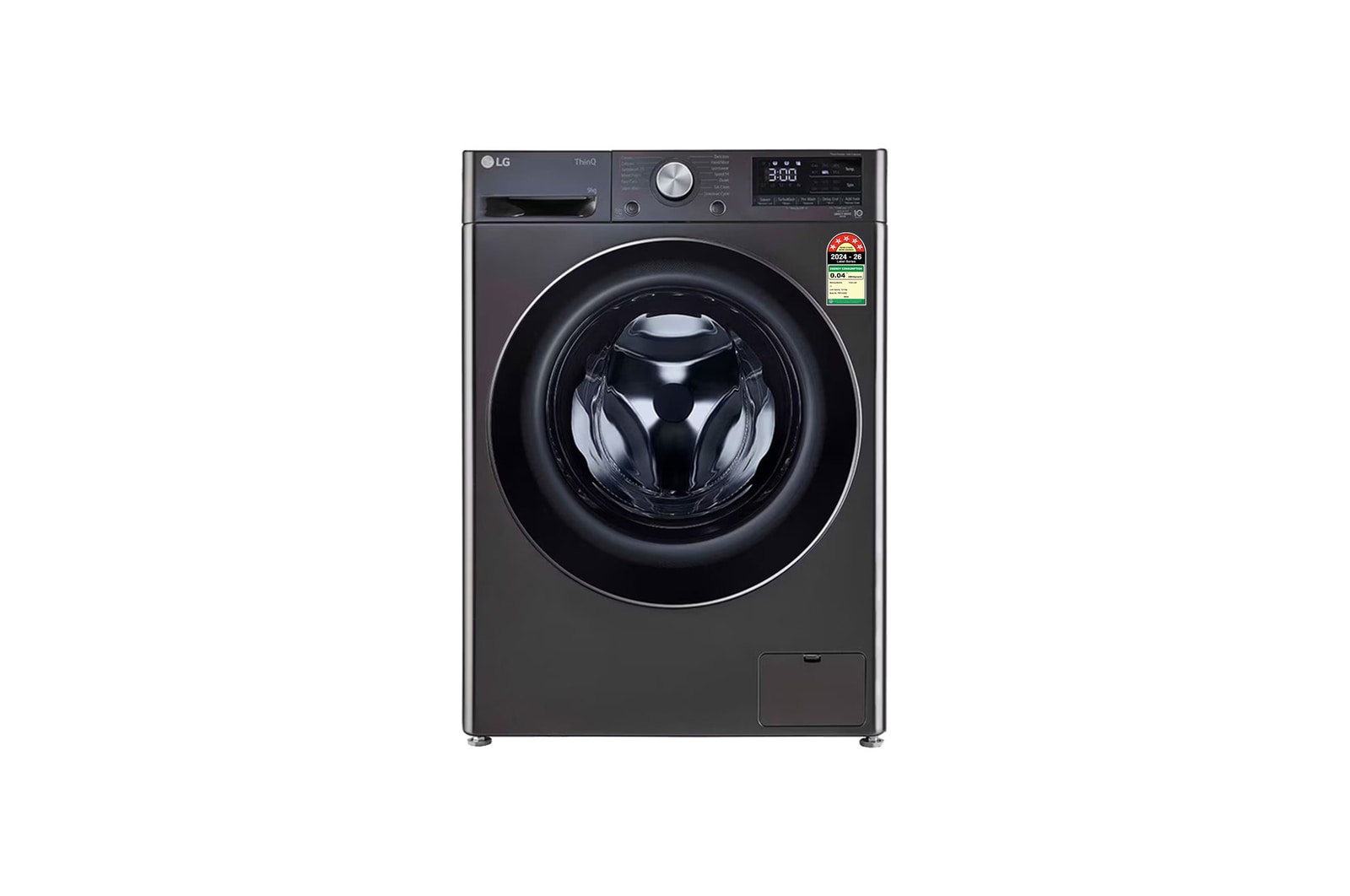 Front view of LG 9 Kg Front Load Washing Machine, AI Direct Drive™, Steam+, Black VCM, 5 Star FHP1209Z9B
