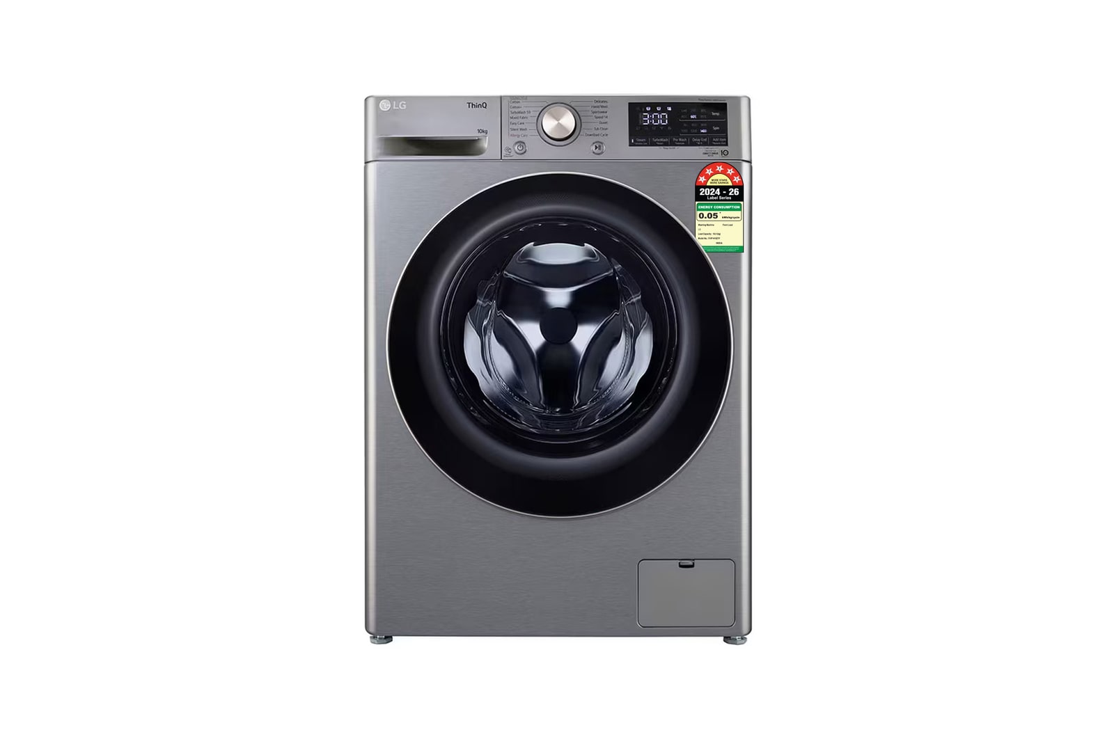 Front view of LG 10 Kg Front Load Washing Machine, AI Direct Drive™, 6 Motion Direct Drive, Platinum Silver, 5 Star FHP1410Z7P