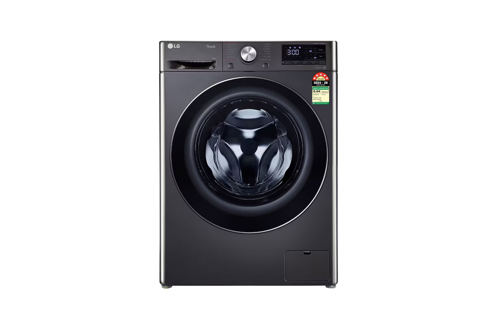Front view of LG 11 Kg Front Load Washing Machine, AI Direct Drive™, Steam+, Black VCM, 5 Star FHP1411Z9B