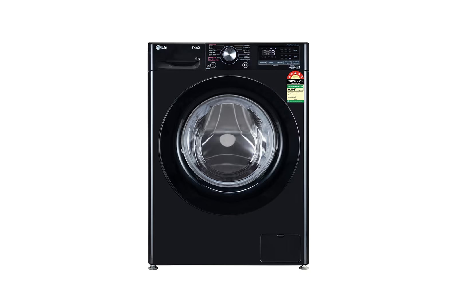 Front view of LG 12 Kg Front Load Washing Machine with AI Direct Drive™, Steam Wash, Onyx Black, 5 Star FHP1412Z3O