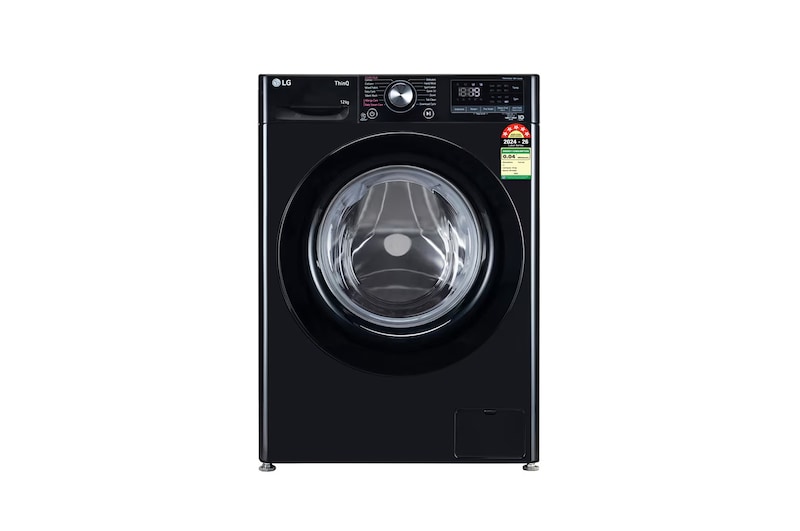 Front view of LG 12 Kg Front Load Washing Machine with AI Direct Drive™, Steam Wash, Onyx Black, 5 Star FHP1412Z3O
