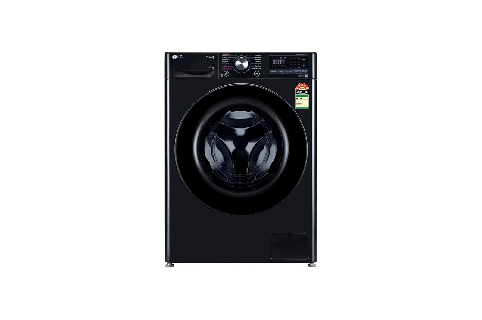 Front view of LG 12 kg Front Load Washing Machine with AI Direct Drive™, Steam Wash, Onyx Black, 5 Star FHP1412Z5O