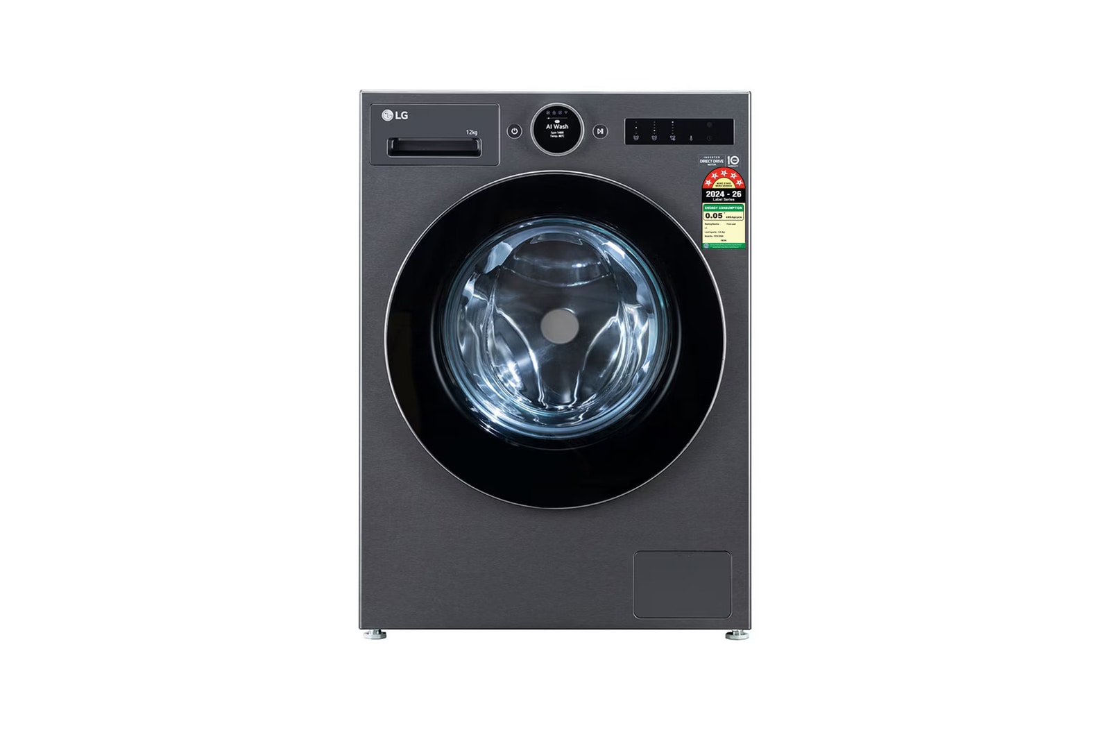 Front view of LG 12Kg Front Load Washing Machine, AI Direct Drive 2.0, Digital Dial & ez-Dispense, Essence Black, 5 Star FX1412A9K
