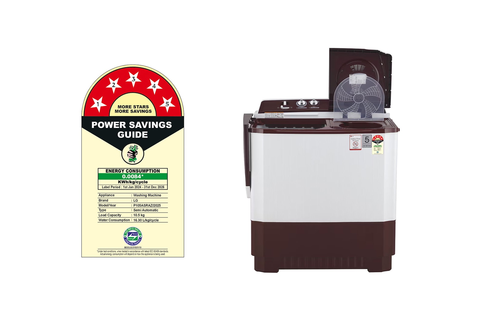 LG 10.5Kg Semi Automatic Top Load Washing Machine, Roller Jet Pulsator + Soak, Burgundy, P105ASRAZ