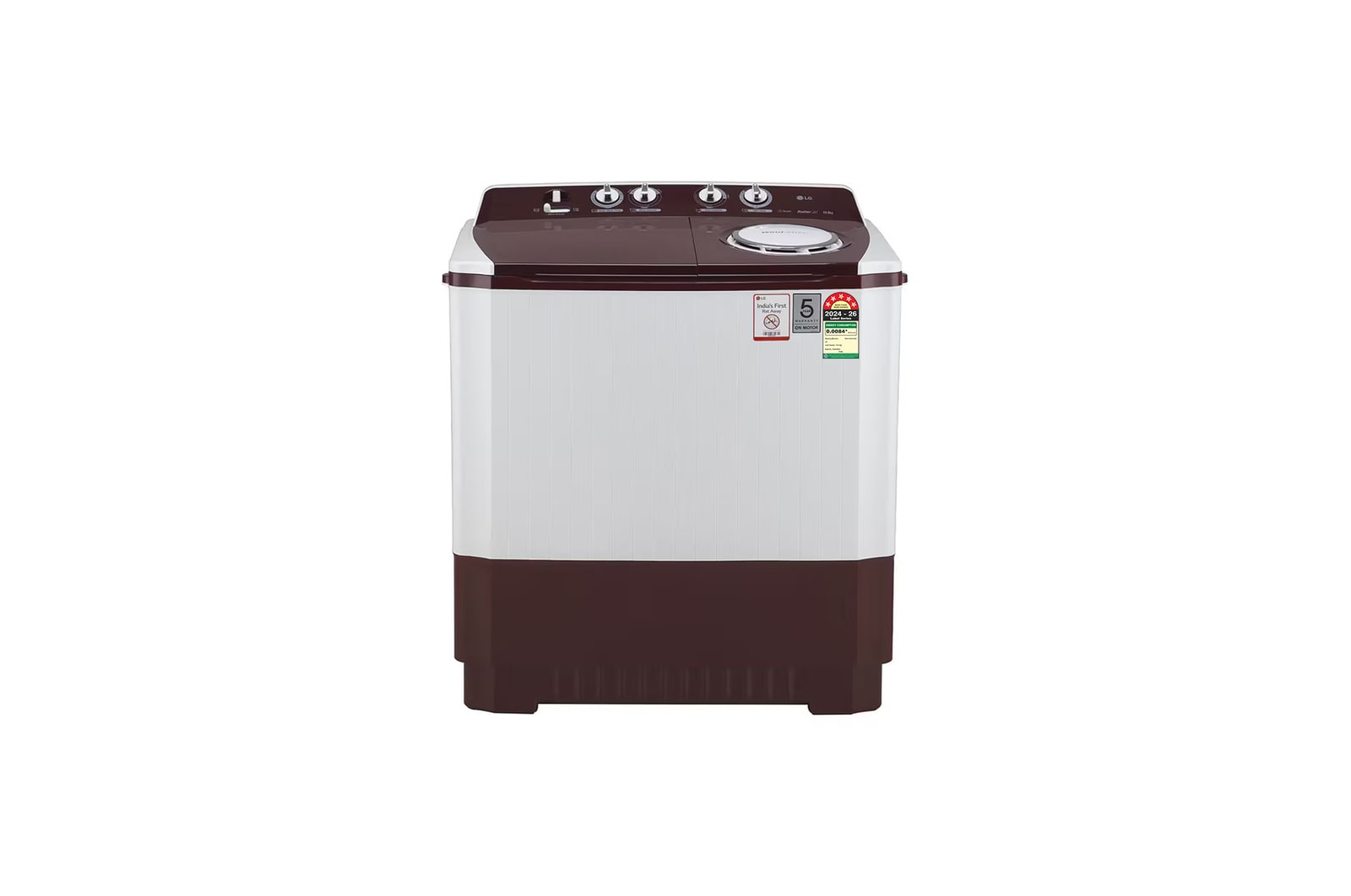 Front view of LG 10.5Kg Semi Automatic Washing Machine, Roller Jet Pulsator + Soak, Burgundy, 5 Star P105ASRAZ