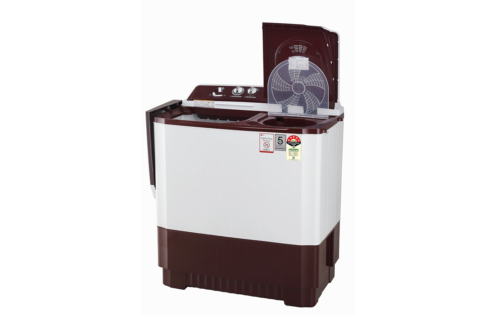 LG 10.5Kg Semi Automatic Top Load Washing Machine, Roller Jet Pulsator + Soak, Burgundy, P105ASRAZ