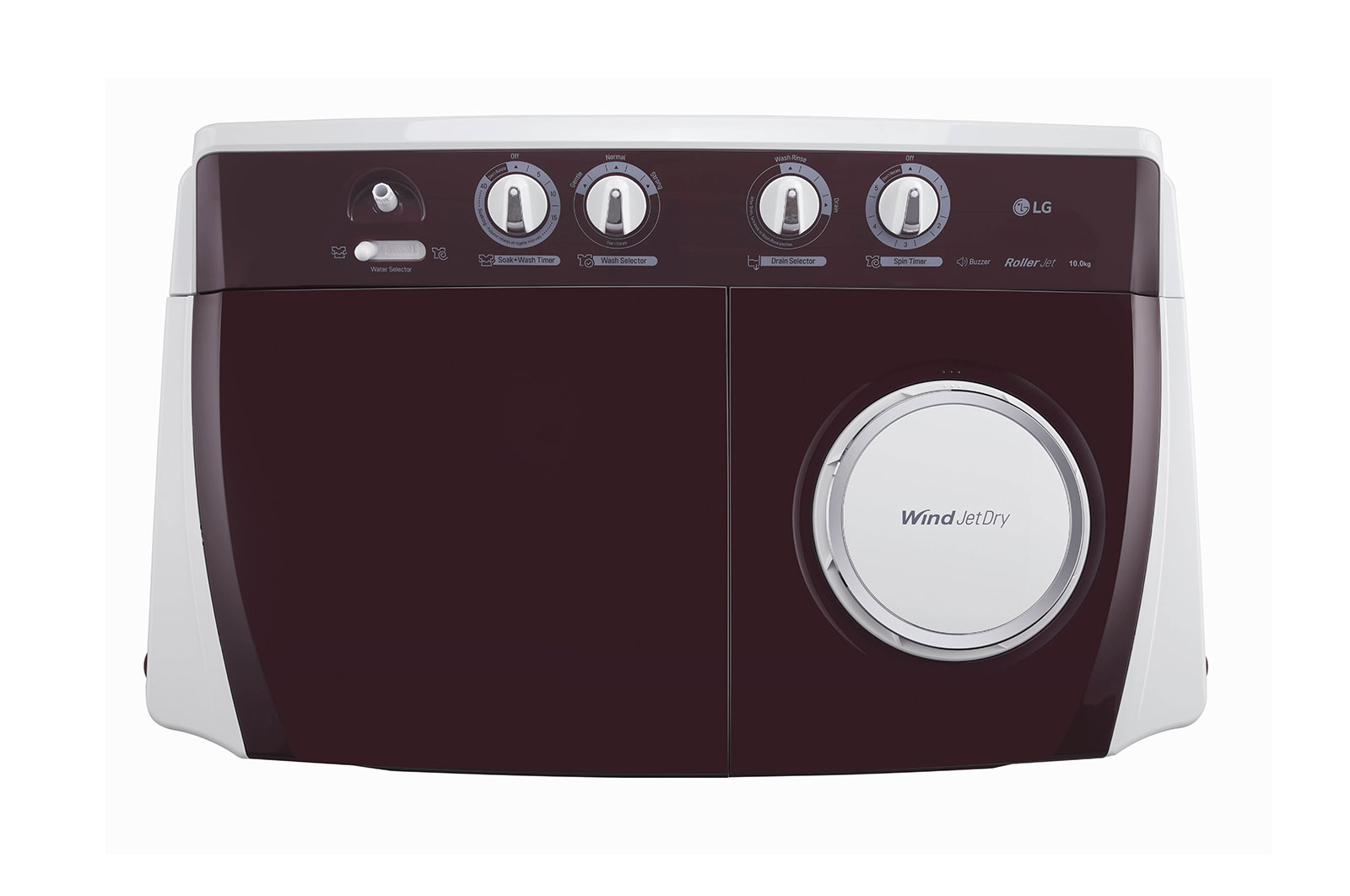 LG 10.5Kg Semi Automatic Top Load Washing Machine, Roller Jet Pulsator + Soak, Burgundy, P105ASRAZ