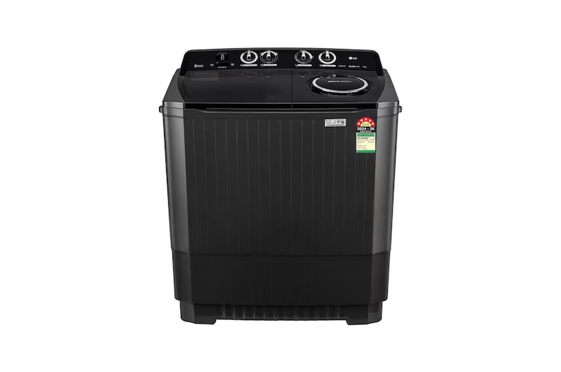 Front view of LG 11.5Kg Semi Automatic Washing Machine, Roller Jet Pulsator + Soak, Full Black, 5 Star P115ASLAZ