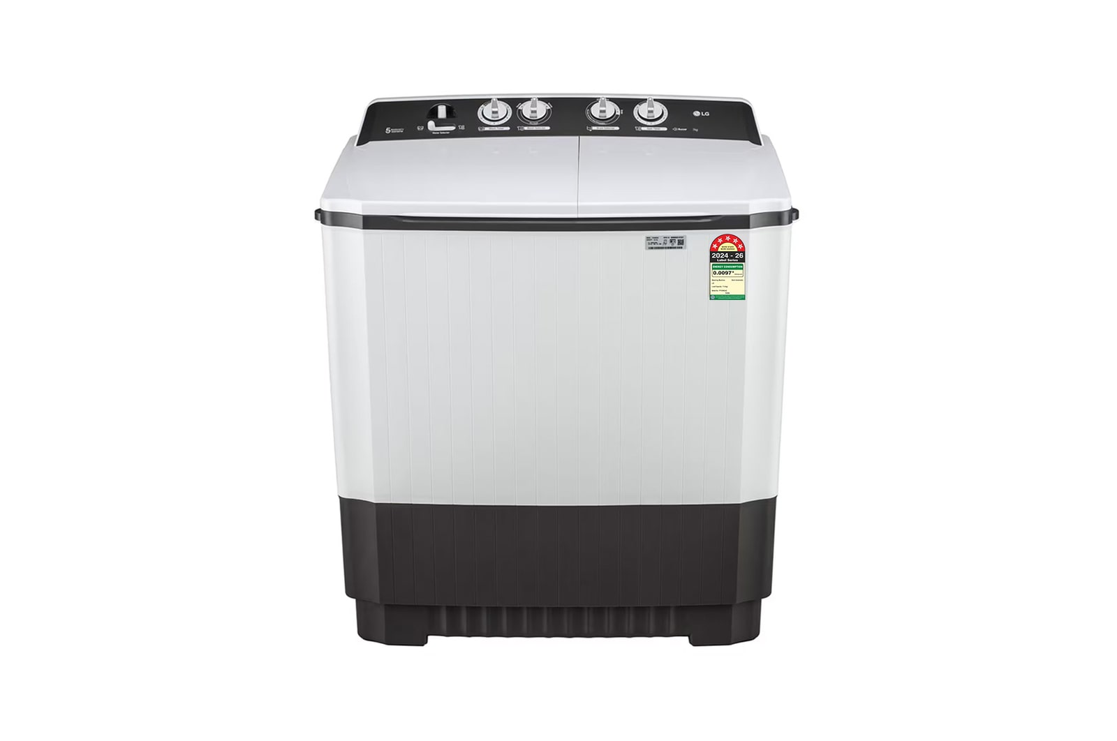 Front view of LG 7 Kg Semi Automatic Washing Machine with Rat Away Technology, Dark Grey, 5 Star P7010NGAZ
