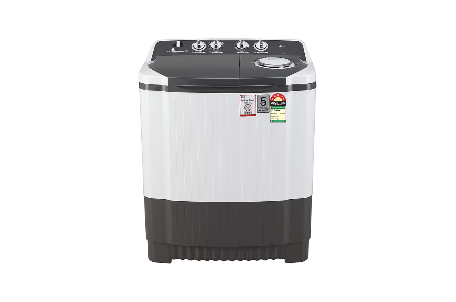 Front view of LG 7Kg Semi Automatic Washing Machine, Rat Away Technology, Wind Jet Dry, Dark Grey, 5 Star P7020NGAZ