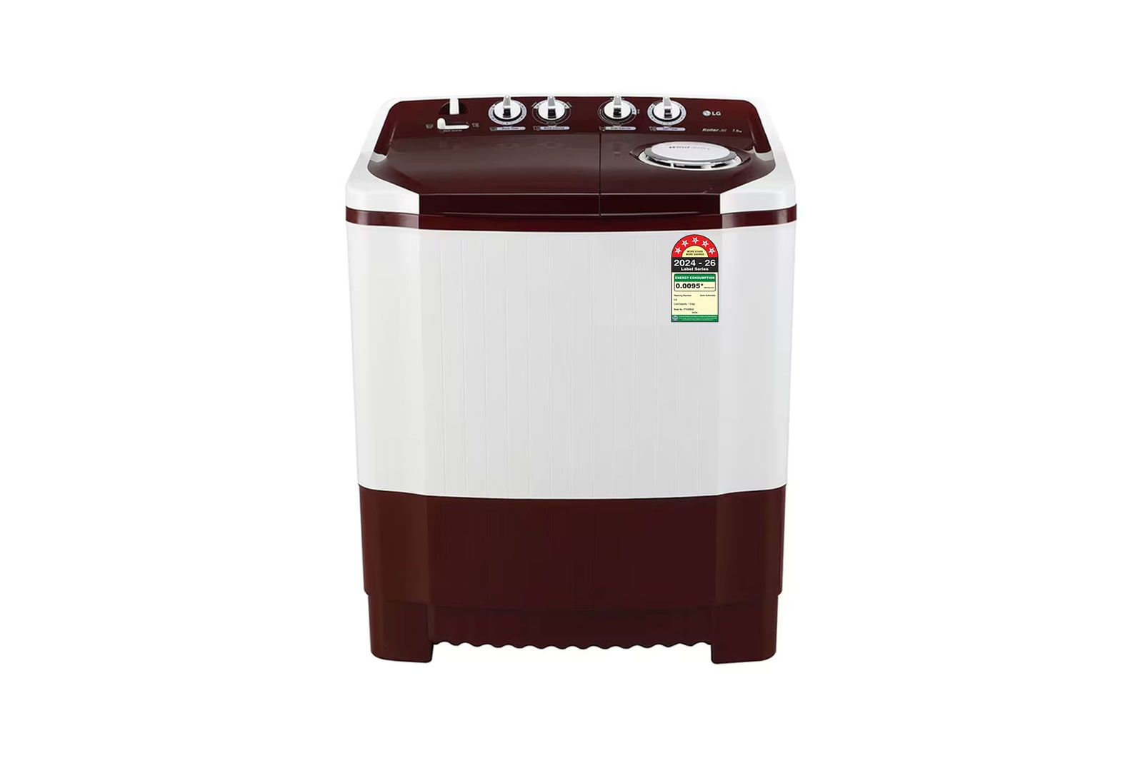 Front view of LG 7.5Kg Semi Automatic Washing Machine, Roller Jet Pulsator, Burgundy, 5 Star P7510RRAZ