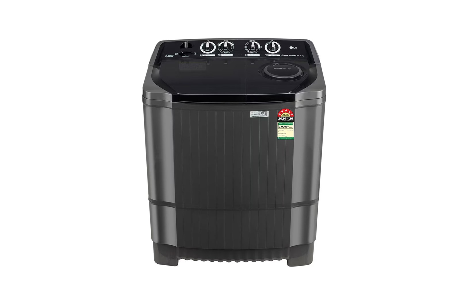 Front view of LG 8Kg Semi Automatic Washing Machine, Roller Jet Pulsator + Soak, Middle Black, 5 Star P8015SKAZ