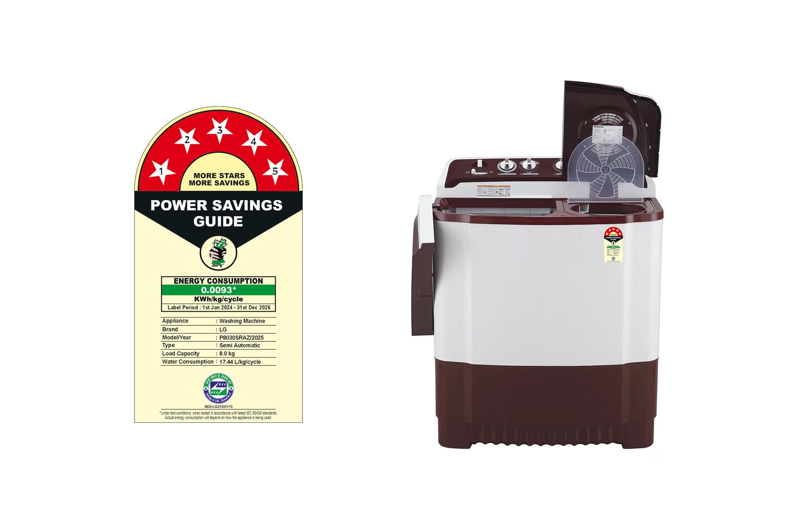 LG 8Kg Semi Automatic Top Load Washing Machine, Roller Jet Pulsator, Rat Away, Burgundy, P8030SRAZ