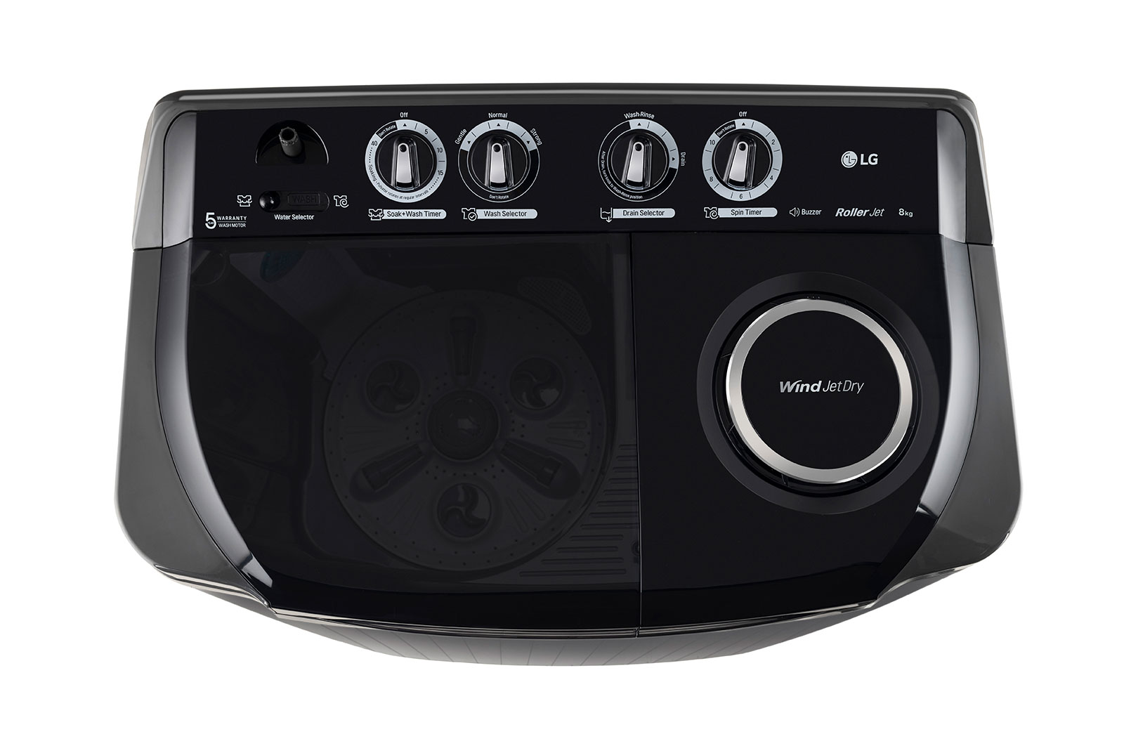 LG 8Kg, Semi Automatic Top Load Washing Machine, Roller Jet Pulsator + Soak, Middle Black , P8035SKAZ