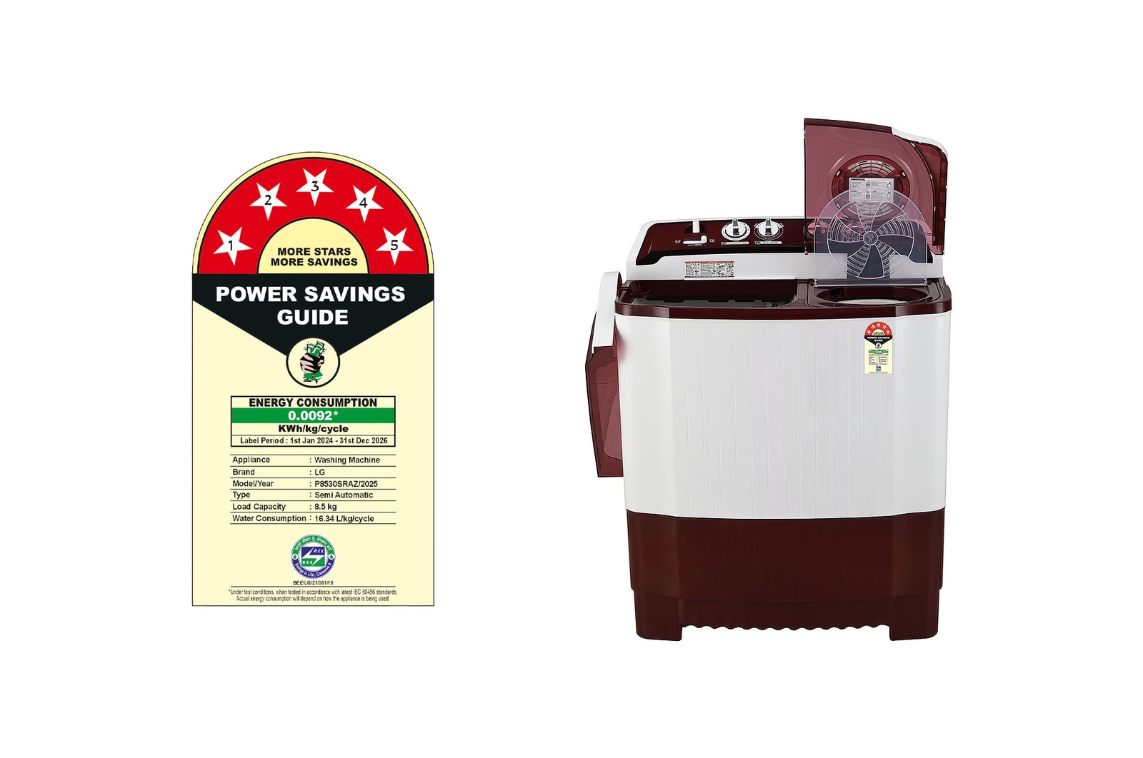 LG 8.5Kg Semi Automatic Top Load Washing Machine, Roller Jet Pulsator + Soak, Burgundy, P8530SRAZ