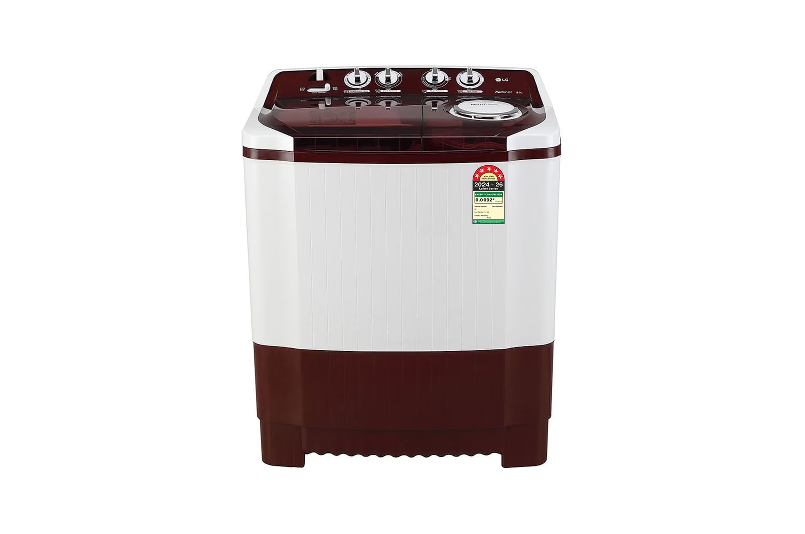 Front view of LG 8.5Kg Semi Automatic Washing Machine, Roller Jet Pulsator + Soak, Burgundy, 5 Star P8530SRAZ