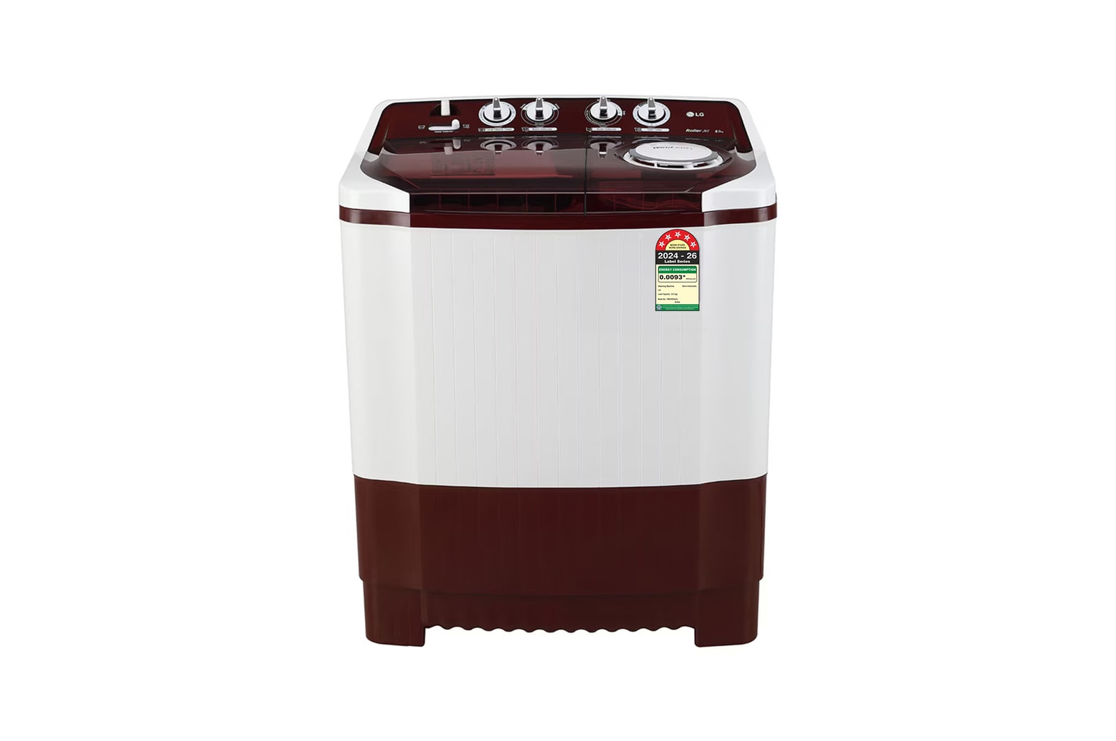 Front view of LG 8 Kg Semi Automatic Washing Machine with Roller Jet Pulsator, Wind Jet Dry, Burgundy, 5 Star P8035SRAZA