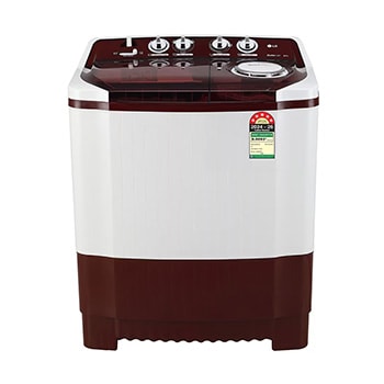 Front view of LG 8 Kg Semi Automatic Washing Machine with Roller Jet Pulsator, Wind Jet Dry, Burgundy, 5 Star P8035SRAZA