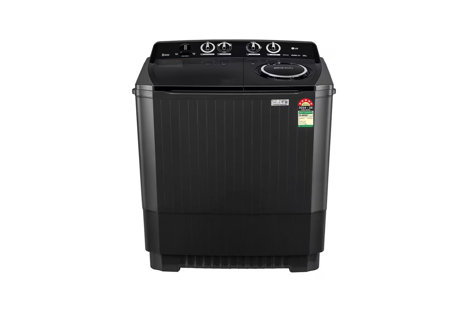 Front view of LG 8.5Kg Semi Automatic Top Load Washing Machine, Roller Jet Pulsator + Soak, Full Black,5 Star P8535SLMZ