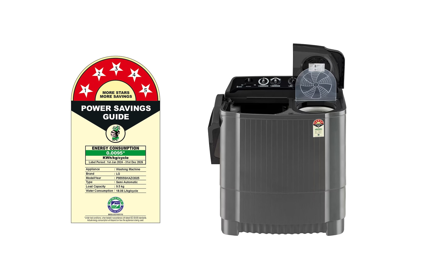 LG 9.5Kg, Semi Automatic Top Load Washing Machine, , Roller Jet Pulsator + Soak, Rat Away, Middle Black , P9555SKAZ