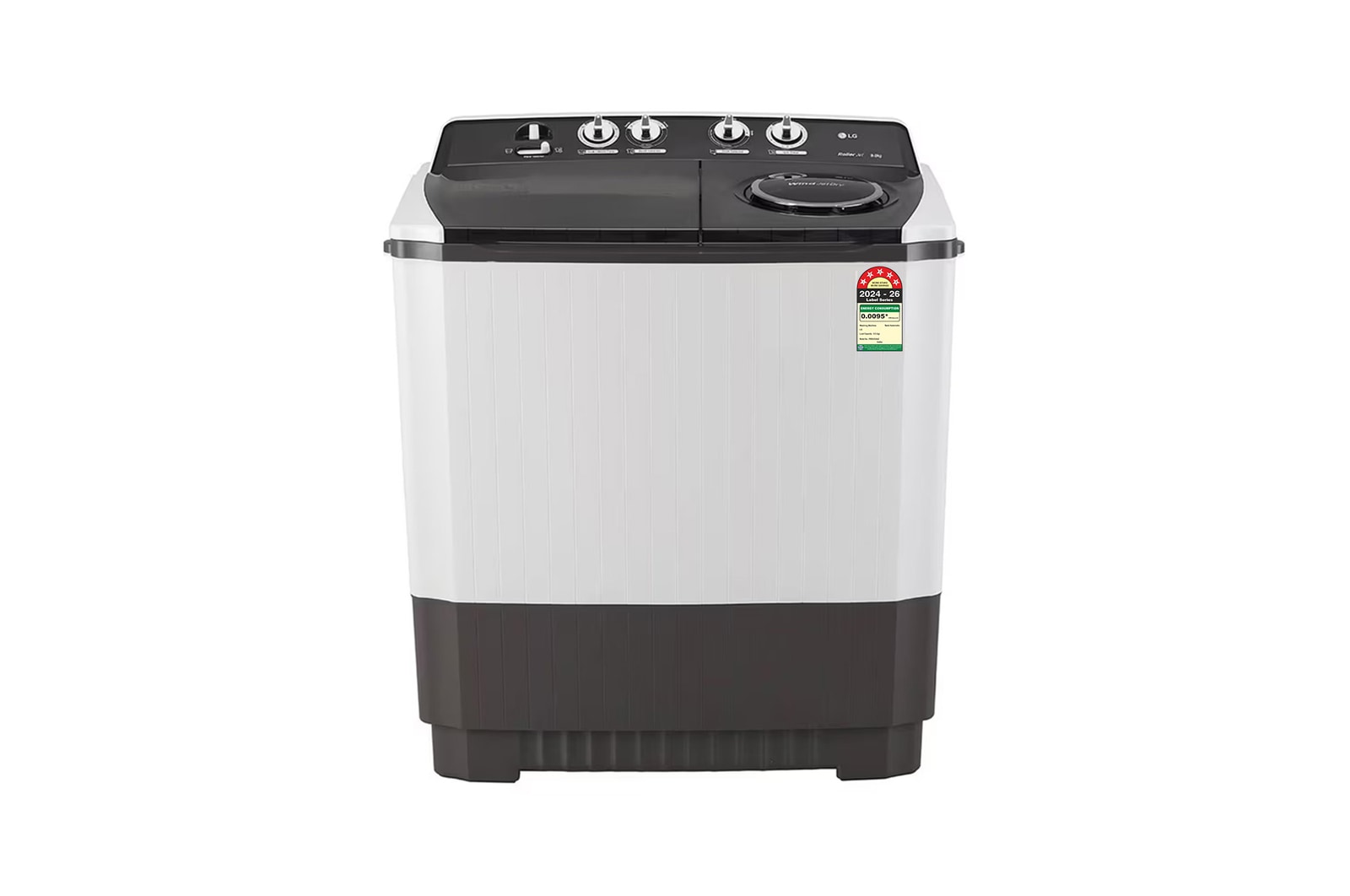 Front view of LG 9.5Kg Semi Automatic Washing Machine, Roller Jet Pulsator + Soak, Dark Grey, 5 Star P955ASGAZ