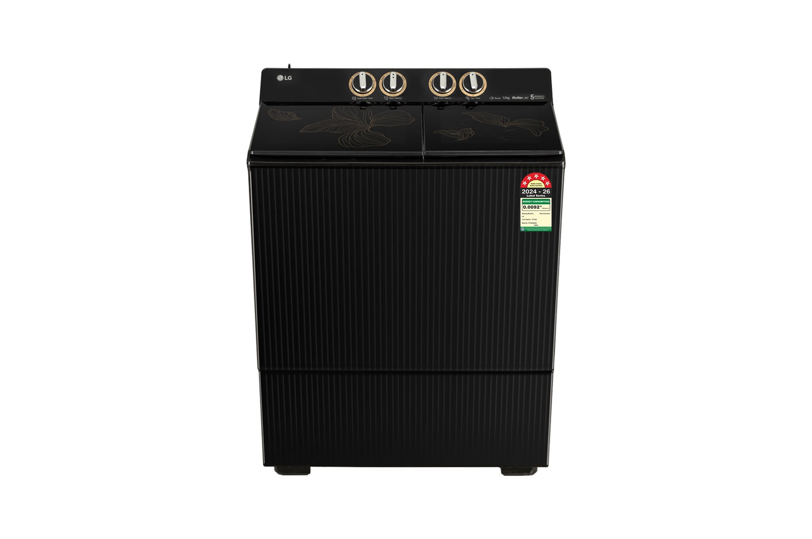 Front view of 12 KG Washing Machine with Roller Jet Pulsator+, Wind Jet Dry+ , Dual Spin Shower, Onyx Black, 5 Star PX120A9SO4Z