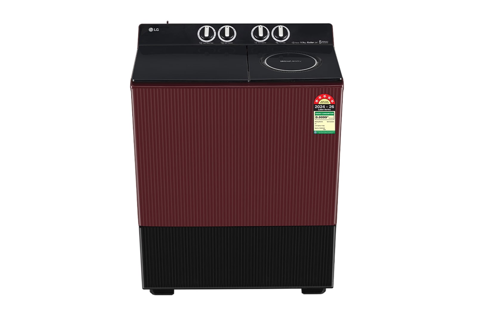 Front view of LG 9 Kg Semi Automatic Washing Machine, Roller Jet Pulsator+, Wind Jet Dry+ Technology, Dual Spin Shower, Burgundy, 5 Star PX900H3SD4Z