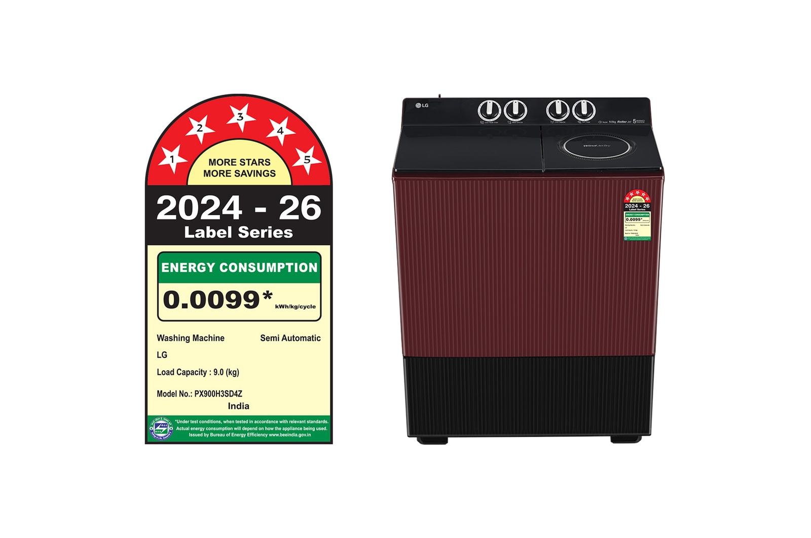 LG 9 Kg Semi Automatic Washing Machine, Roller Jet Pulsator+, Wind Jet Dry+ Technology, Dual Spin Shower, Burgundy, 5 Star, PX900H3SD4Z