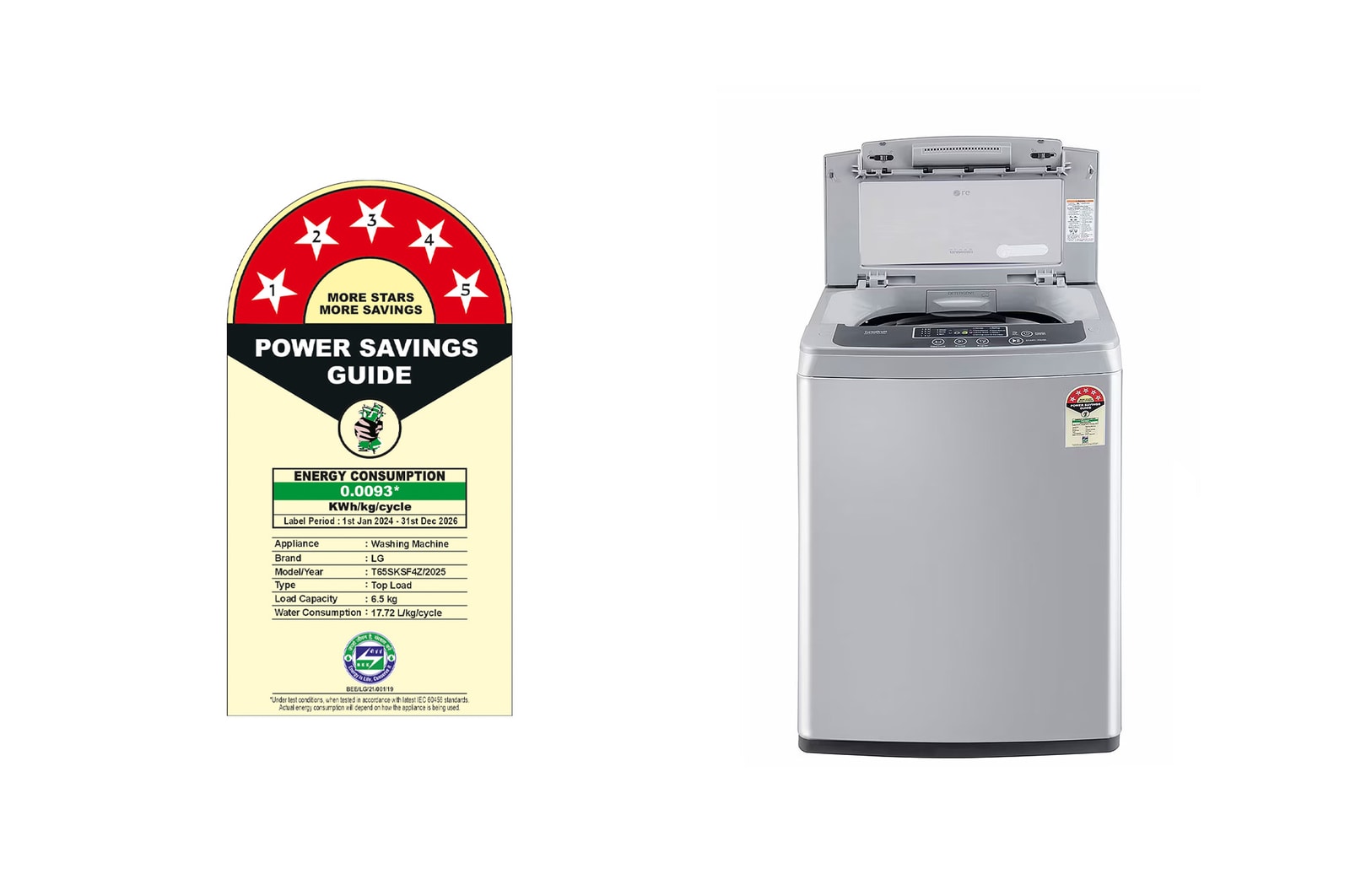 LG 6.5Kg Top Load Washing Machine, Smart Inverter Motor, Middle Free Silver , T65SKSF4Z