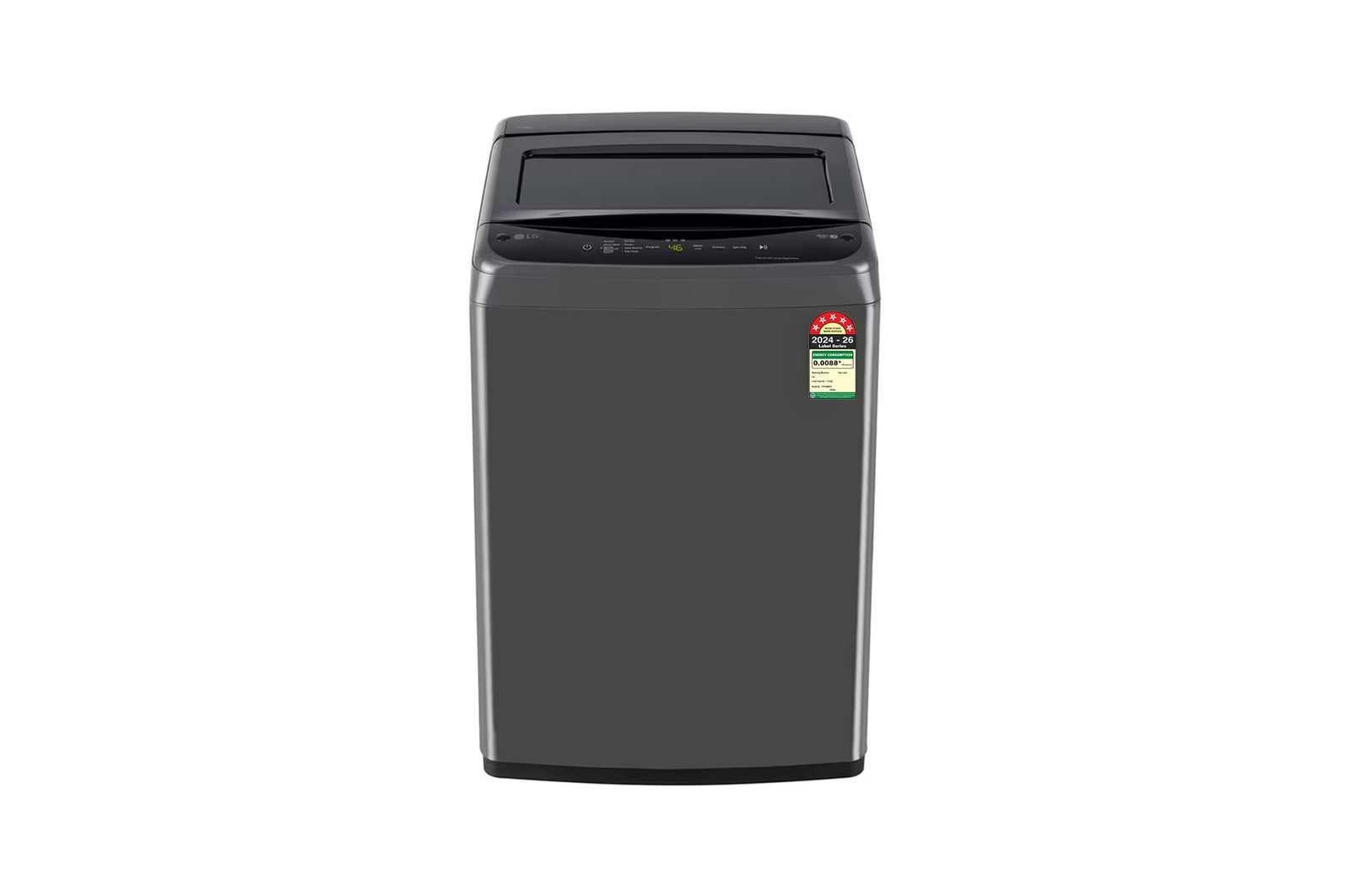 Front view of LG 7 Kg Top Load Washing Machine with Smart Inverter Motor, TurboDrum, Middle Black, 5 Star T70VBMB1Z