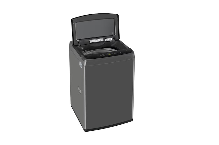 LG T70VBMB1Z 7 kg Top Load Washing Machine with Smart Inverter Motor in Middle Black left side view with lid open