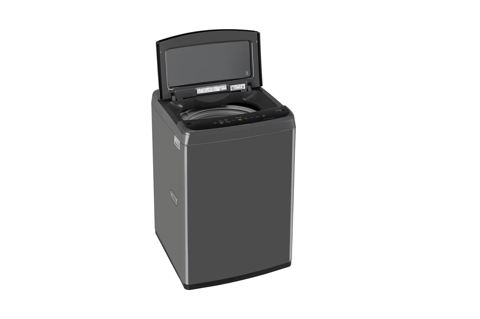 LG T70VBMB1Z 7 kg Top Load Washing Machine with Smart Inverter Motor in Middle Black left side view with lid open
