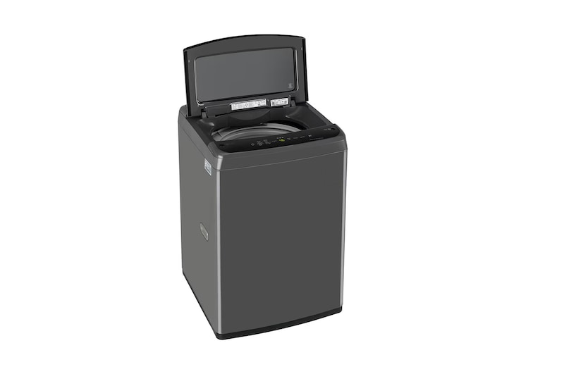 LG T70VBMB1Z 7 kg Top Load Washing Machine with Smart Inverter Motor in Middle Black left side view with lid open