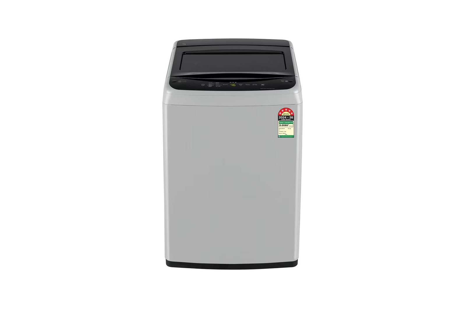 Front view of LG 7 Kg Top Load Washing Machine with Smart Inverter Motor, TurboDrum, Middle Free Silver, 5 Star T70VBSF1Z