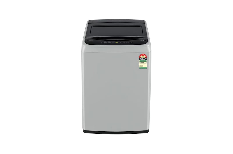 Front view of LG 7 Kg Top Load Washing Machine with Smart Inverter Motor, TurboDrum, Middle Free Silver, 5 Star T70VBSF1Z