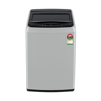 Front view of LG 7 Kg Top Load Washing Machine with Smart Inverter Motor, TurboDrum, Middle Free Silver, 5 Star T70VBSF1Z