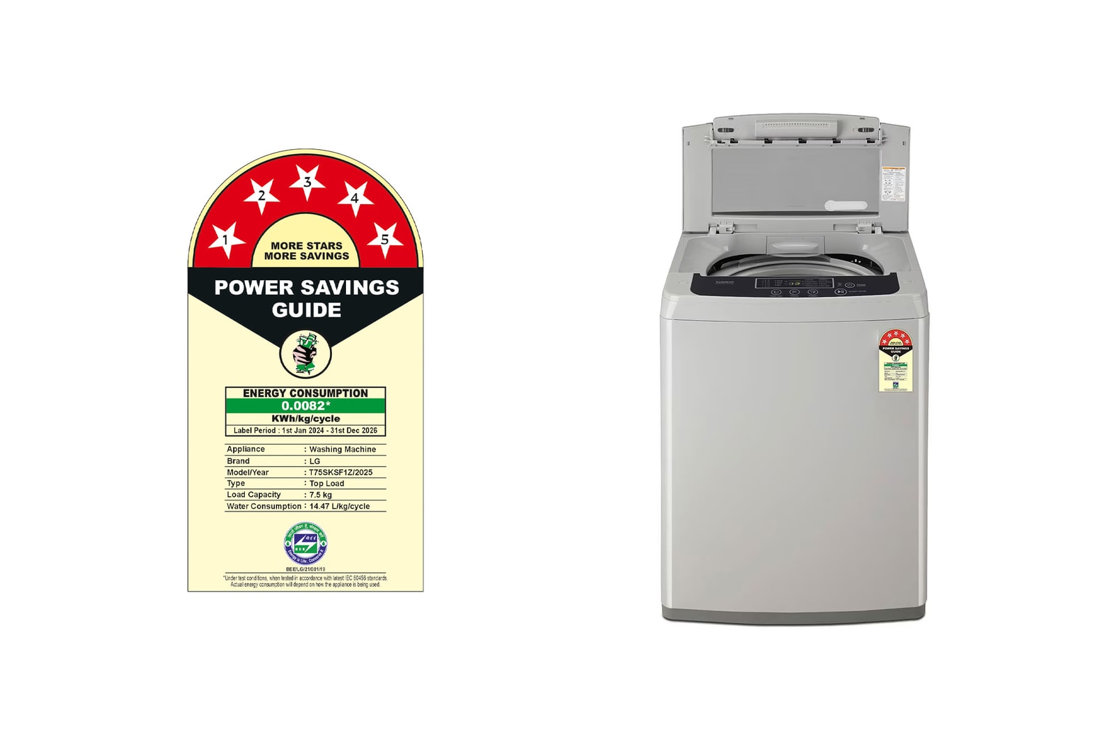 LG 7.5Kg Top Load Washing Machine, Smart Inverter Motor, Middle Free Silver, T75SKSF1Z
