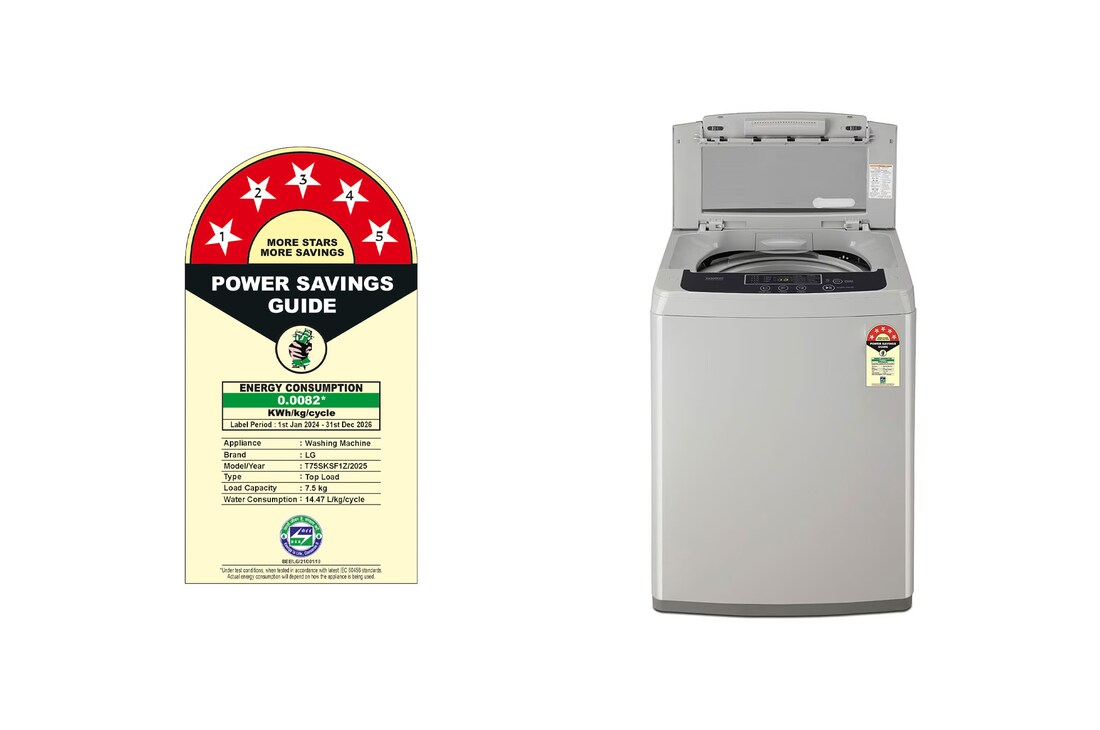 LG 7.5Kg Top Load Washing Machine, Smart Inverter Motor, Middle Free Silver, T75SKSF1Z