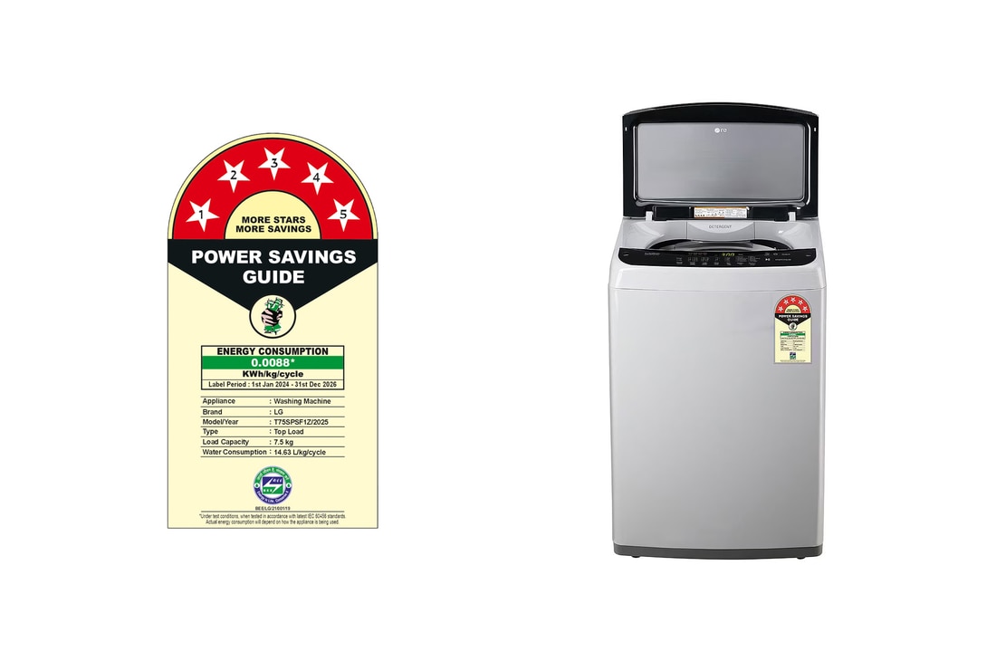 LG 7.5Kg Top Load Washing Machine, Smart Inverter Motor, Middle Free Silver, 5 Star, T75SPSF1Z