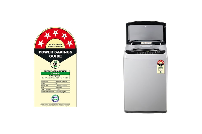 LG 7.5Kg Top Load Washing Machine, Smart Inverter Motor, Middle Free Silver , T75SPSF1Z