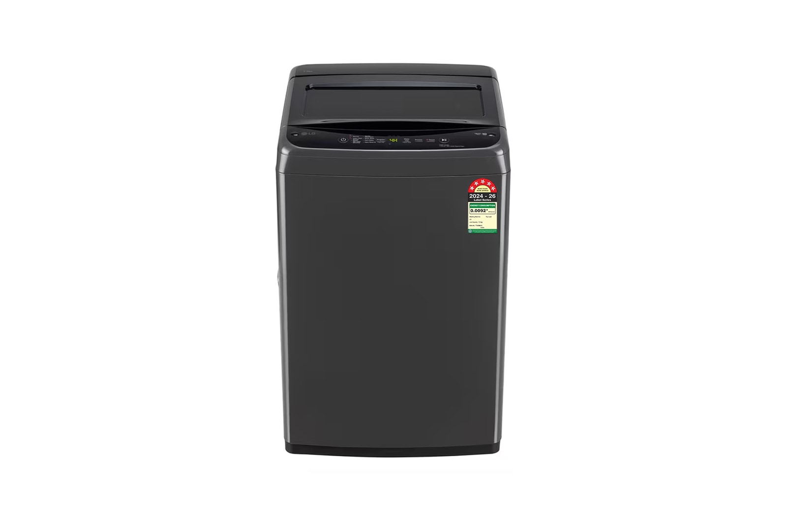 Front view of LG 7.5 Kg Top Load Washing Machine with Smart Inverter Motor, In-built Heater, Middle Black, 5 Star T75VBMB1S