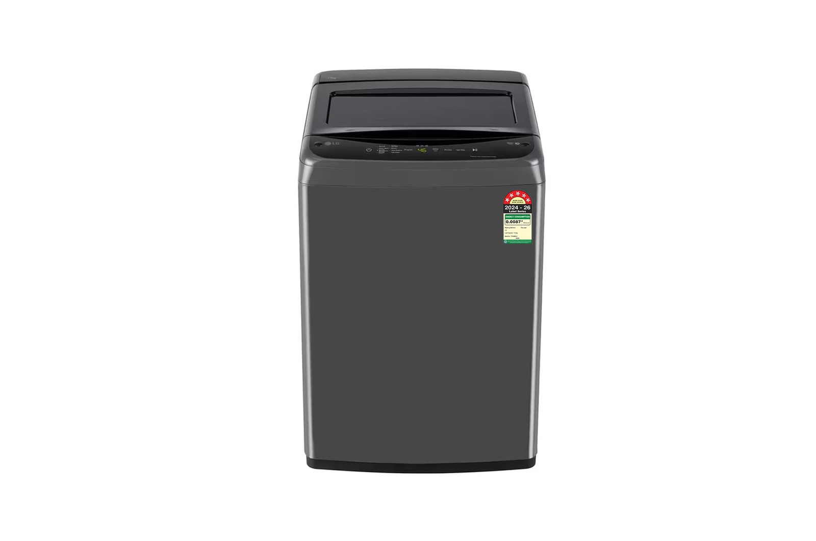 Front view of LG 7.5 Kg Top Load Washing Machine with Smart Inverter Motor, TurboDrum, Middle Black, 5 Star T75VBMB1Z