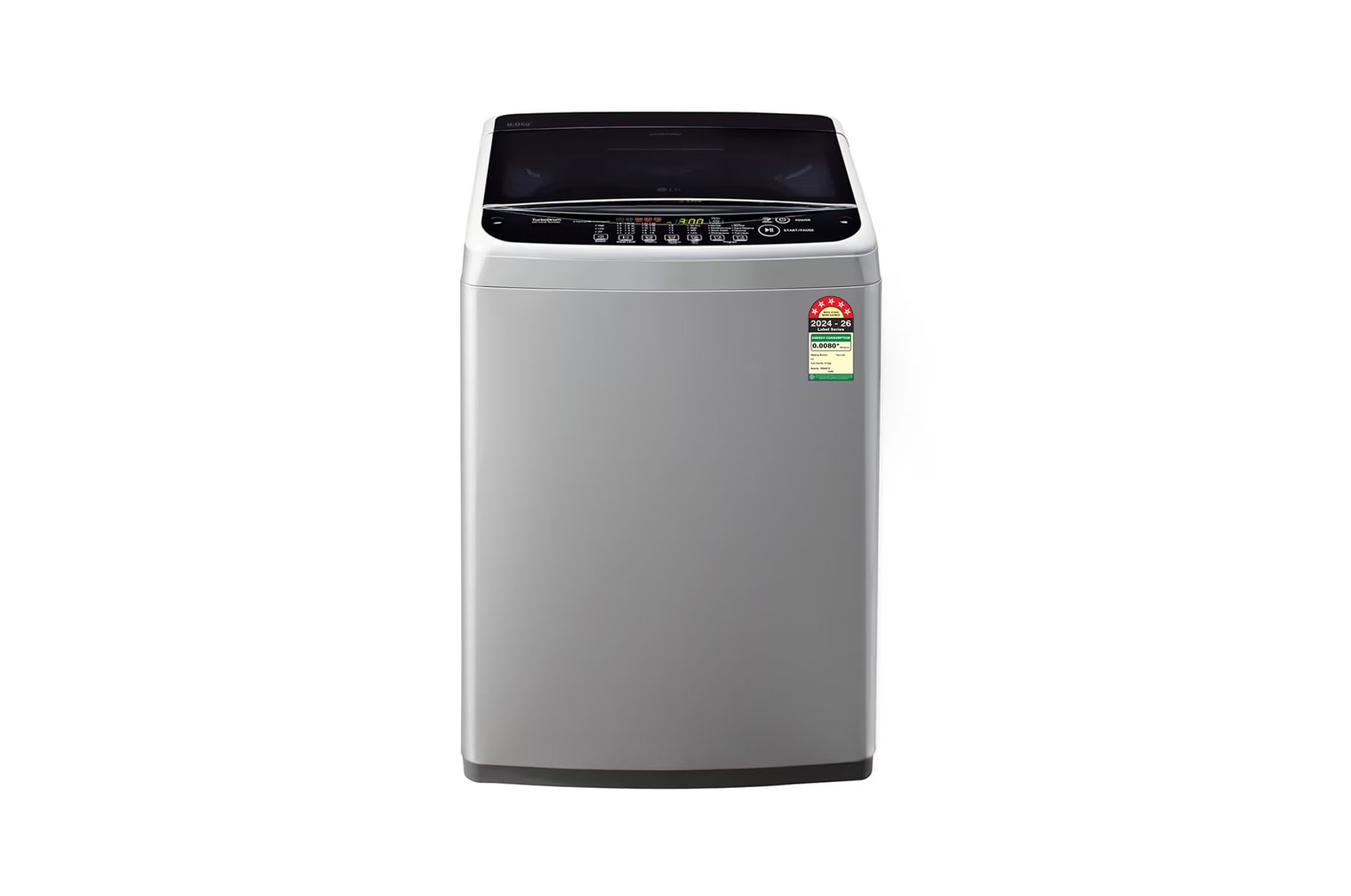 Front view of LG 8 Kg Top Load Washing Machine with Smart Inverter Motor, TurboDrum, Middle Free Silver, 5 Star T80SNSF1Z