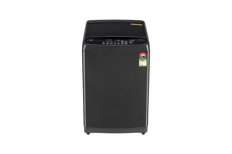 Front view of LG 8Kg Top Load Washing Machine, Smart Inverter Motor, In-built Heater, Middle Black, 5 Star T80V4MB1S