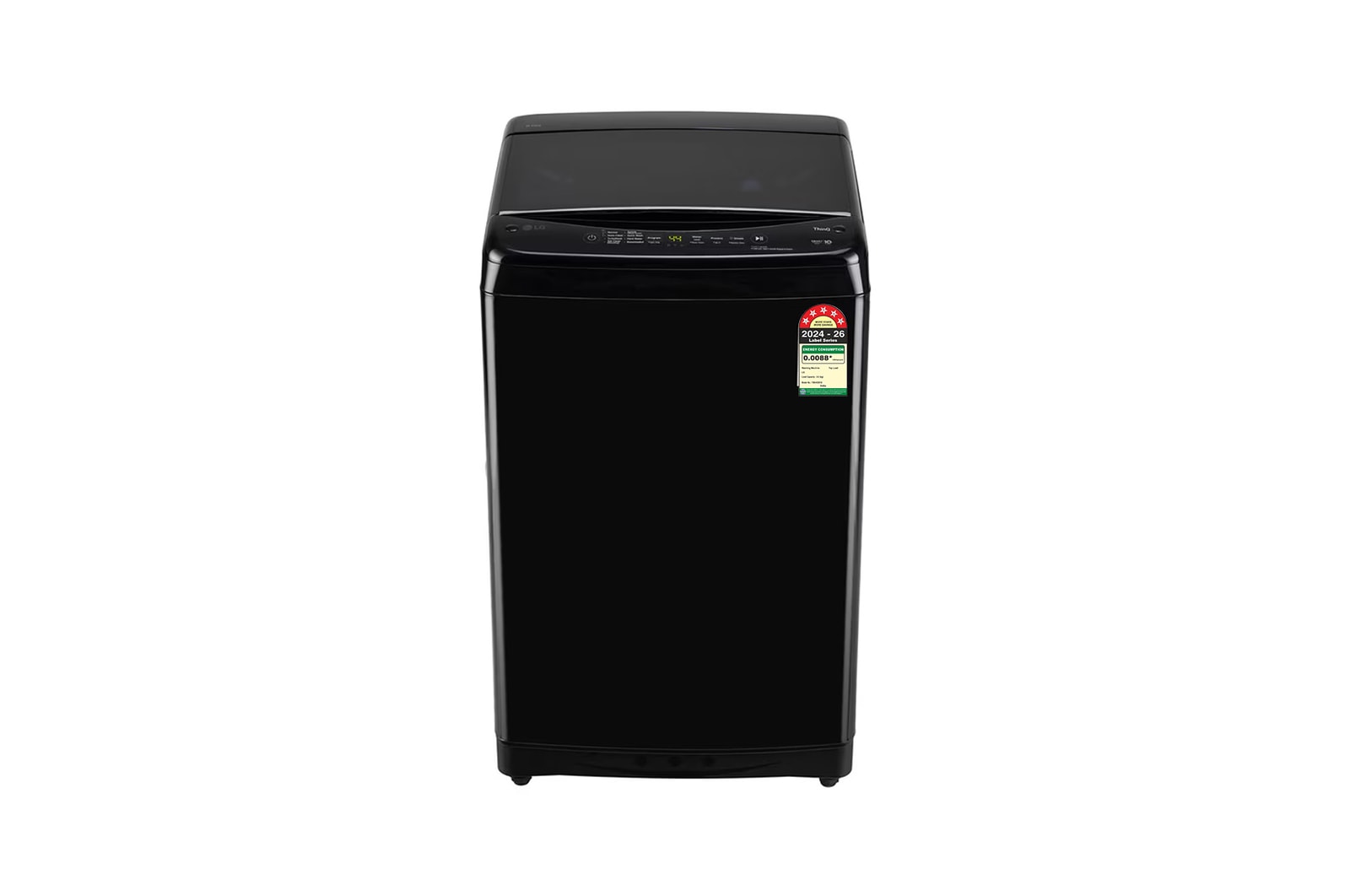 Front view of LG 8Kg Top Load Washing Machine, Smart Inverter Motor, In-built Heater, Black, 5 Star T80V4OB1S