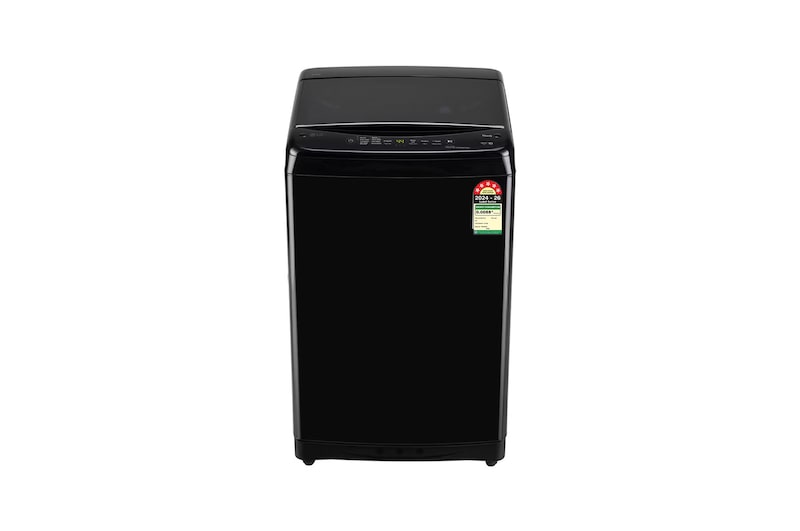 Front view of LG 8Kg Top Load Washing Machine, Smart Inverter Motor, In-built Heater, Black, 5 Star T80V4OB1S