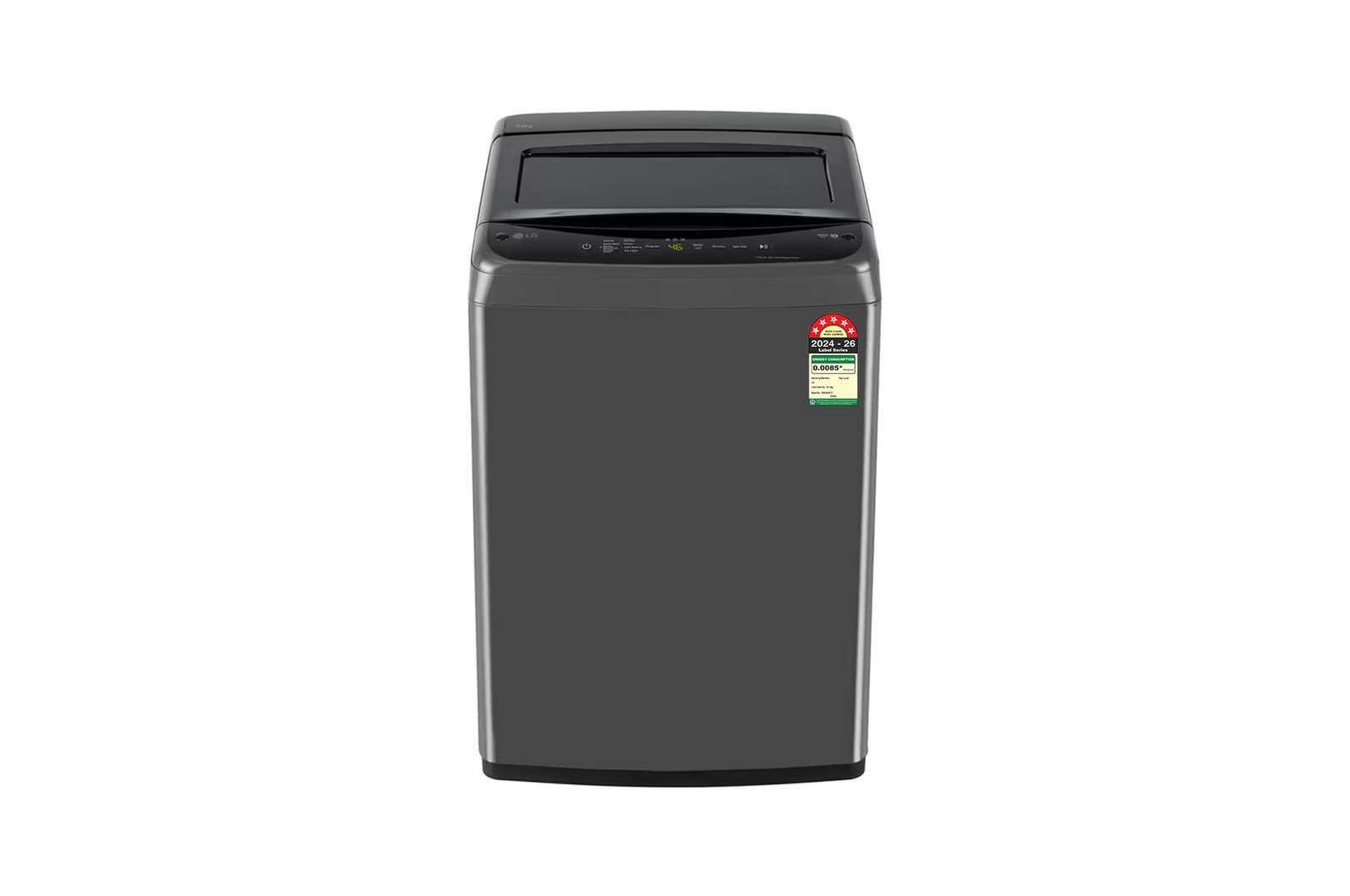 Front view of LG 8 Kg Top Load Washing Machine with Smart Inverter Motor, TurboDrum, Middle Black, 5 Star T80VBMB1Z
